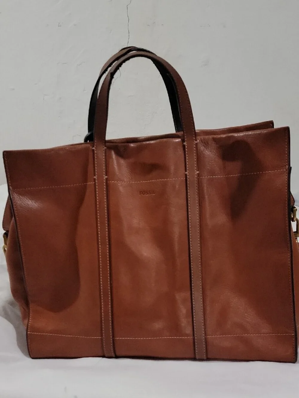 Fossil Carmen Shopper Tote Cognac Leather Tote with Striped Removable Strap